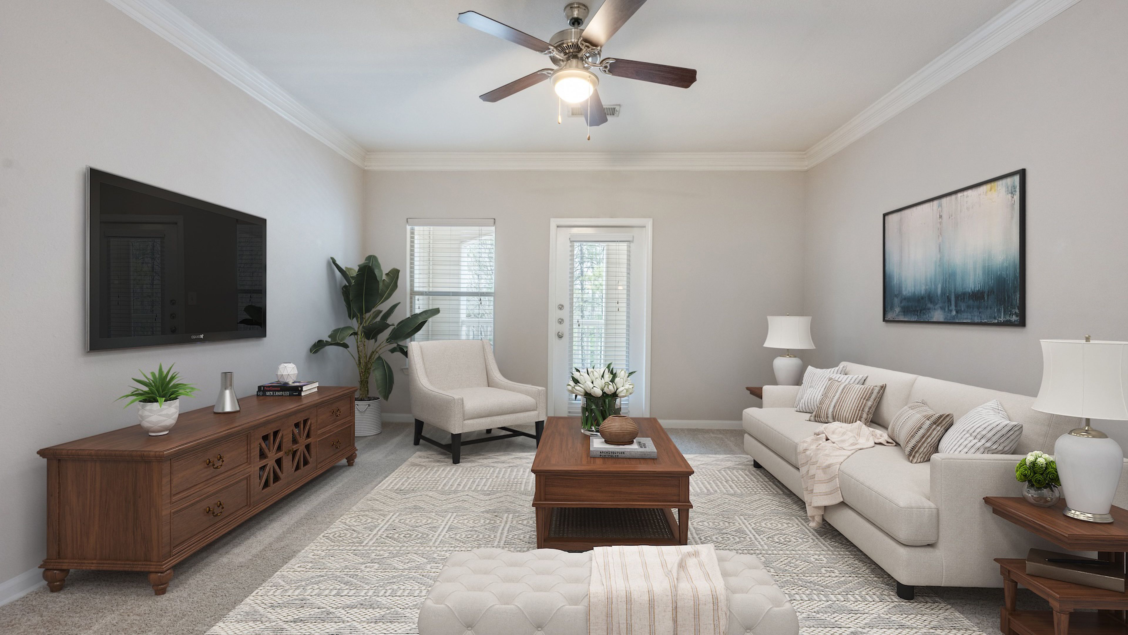 Hawthorne at Kennesaw apartment kitchen and living space with wood floors and large open plan living area